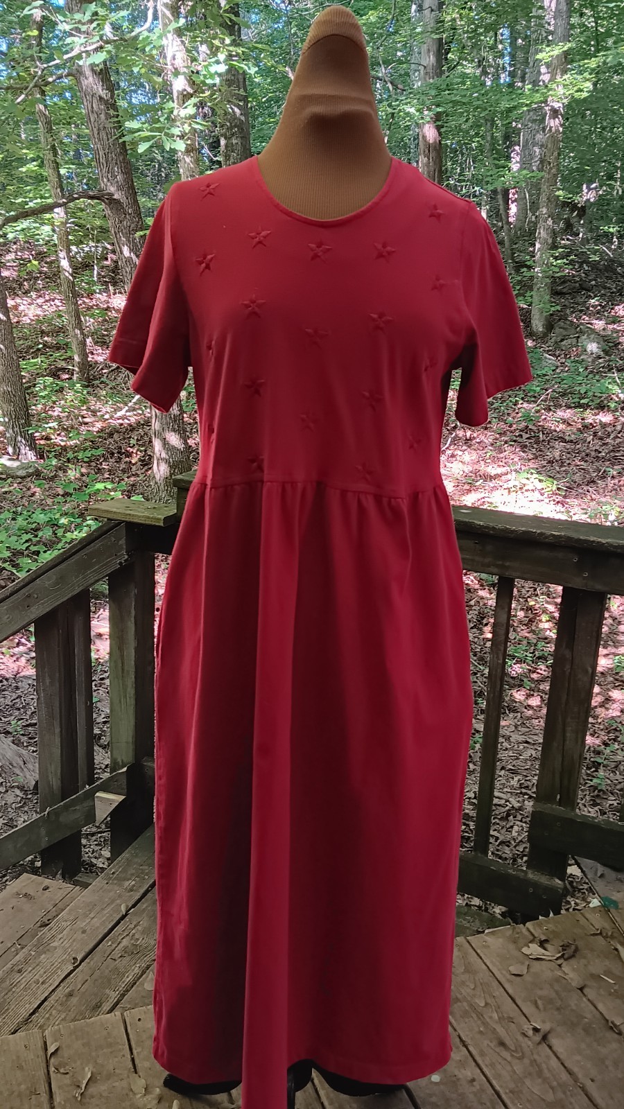 Coldwater Creek True Red Cotton Knit Dress, Sz Large Petite, Chest 39″, 46″ long