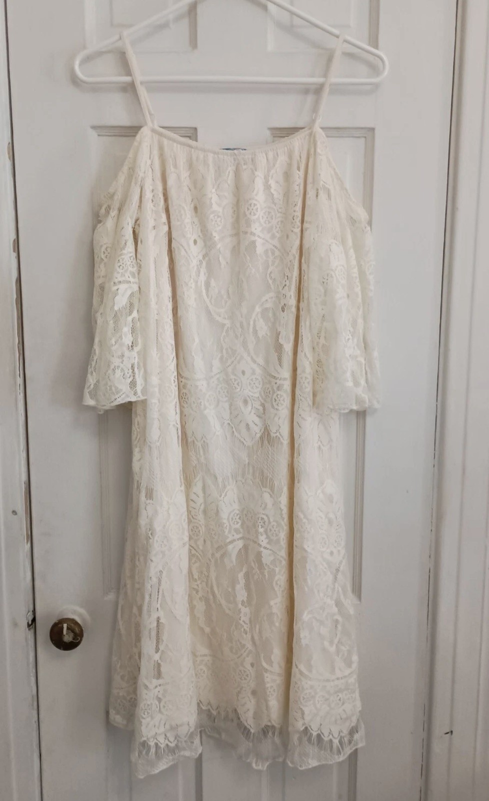J Gee Size L Dress Lace Ivory Open Shoulder Boho Flowy Romantic Wedding C5