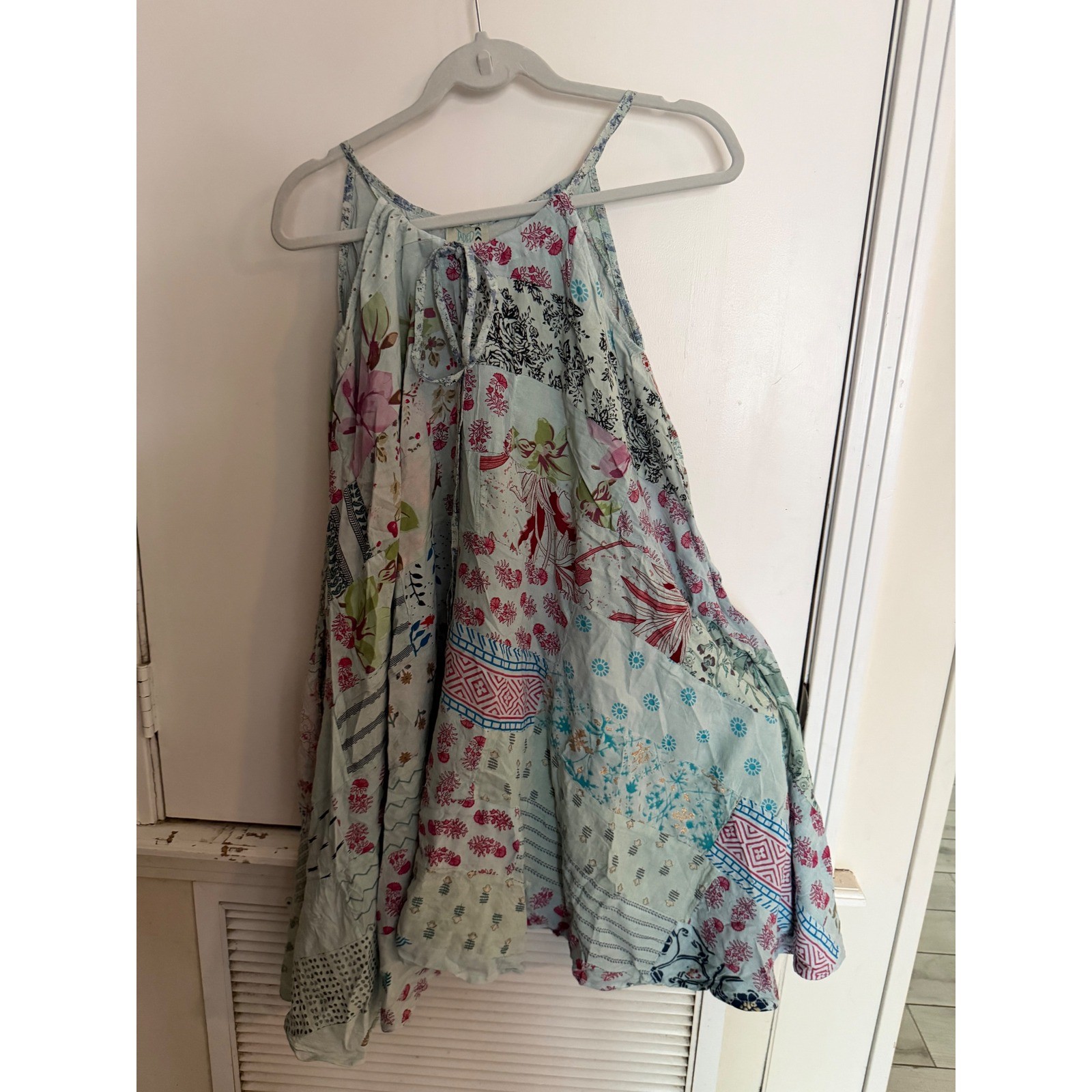 S/MJaded Gypsy Patchwork Mini Dress Blue Floral Tie Festival Boho NWT COTON