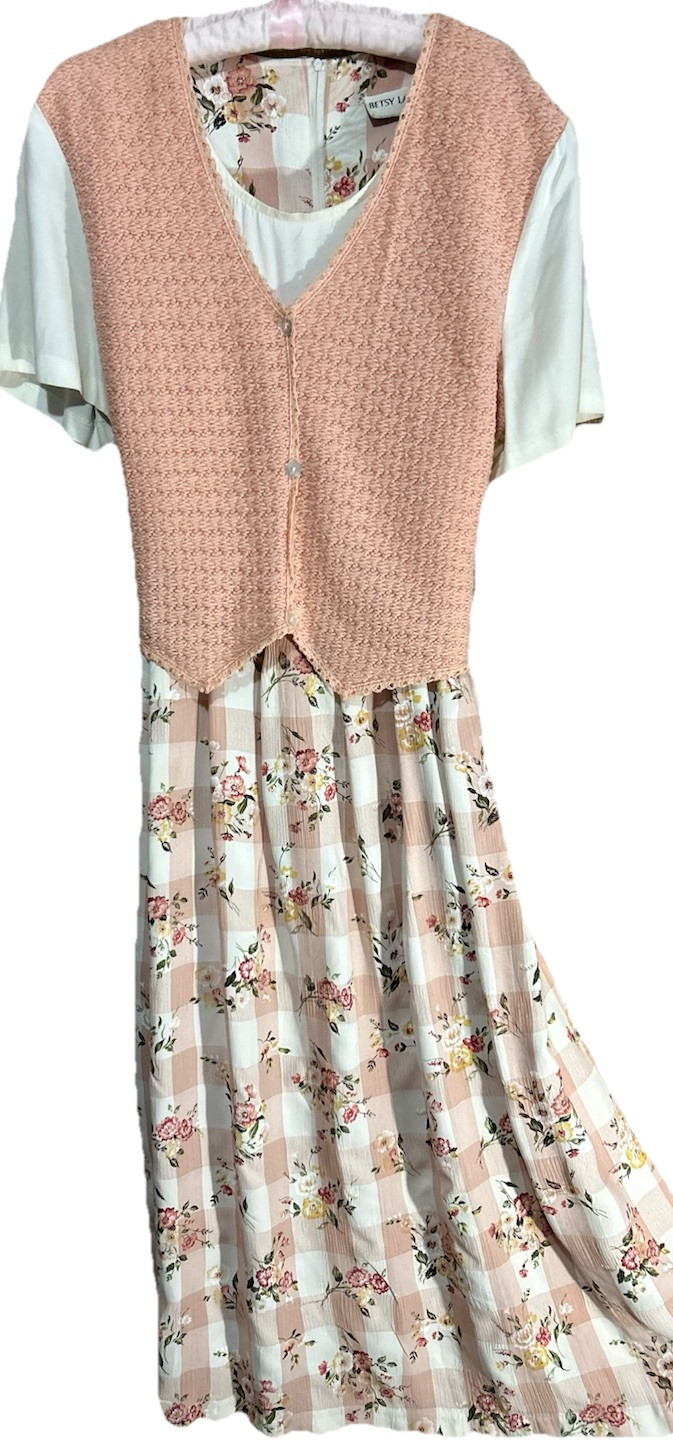 Betsy Lauren Dress Peach Floral Whimsy Knit Vest Tie Back Cottagecore Vintage