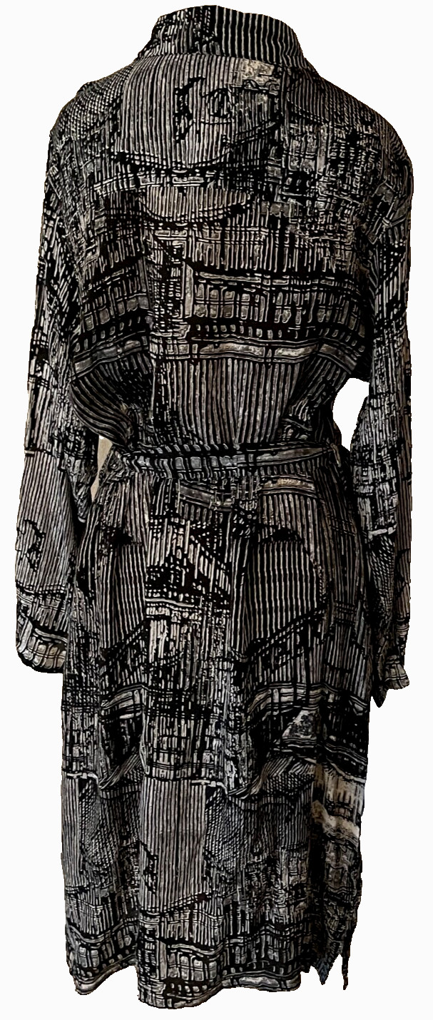TOLANI Alice Abstract Print Button-Up Collar Pocket Belt Shirt Dress M Coal