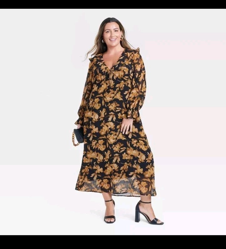 Women’s Long Sleeve Sheer Maxi Dress – A New Day Black & Brown Floral 1X
