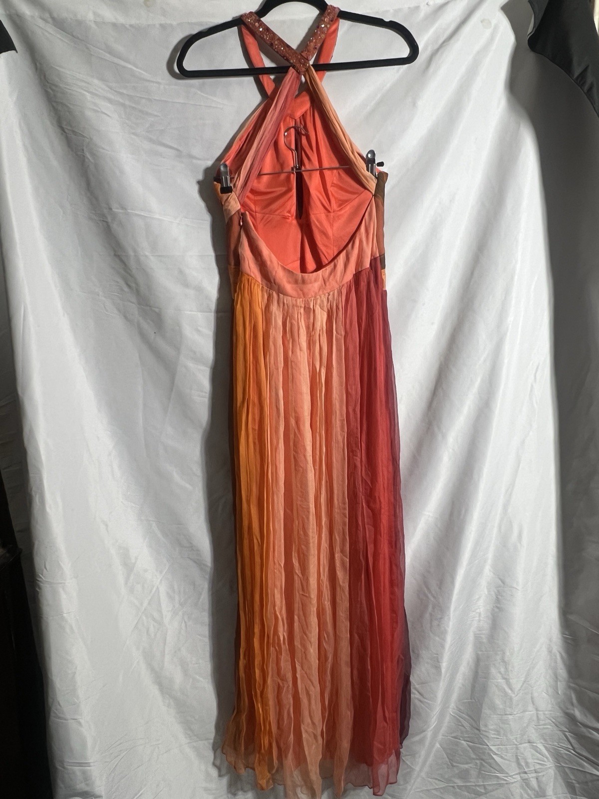 Dave & Johnny Vtg Silk Dress Sz 8 Sunset Ombre Pleated Maxi Ethereal Fairy Prom