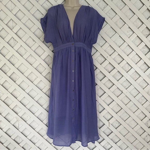 Kori Periwinkle Short Sleeve Button Down Midi Dress Lightweight Semi Sheer Large