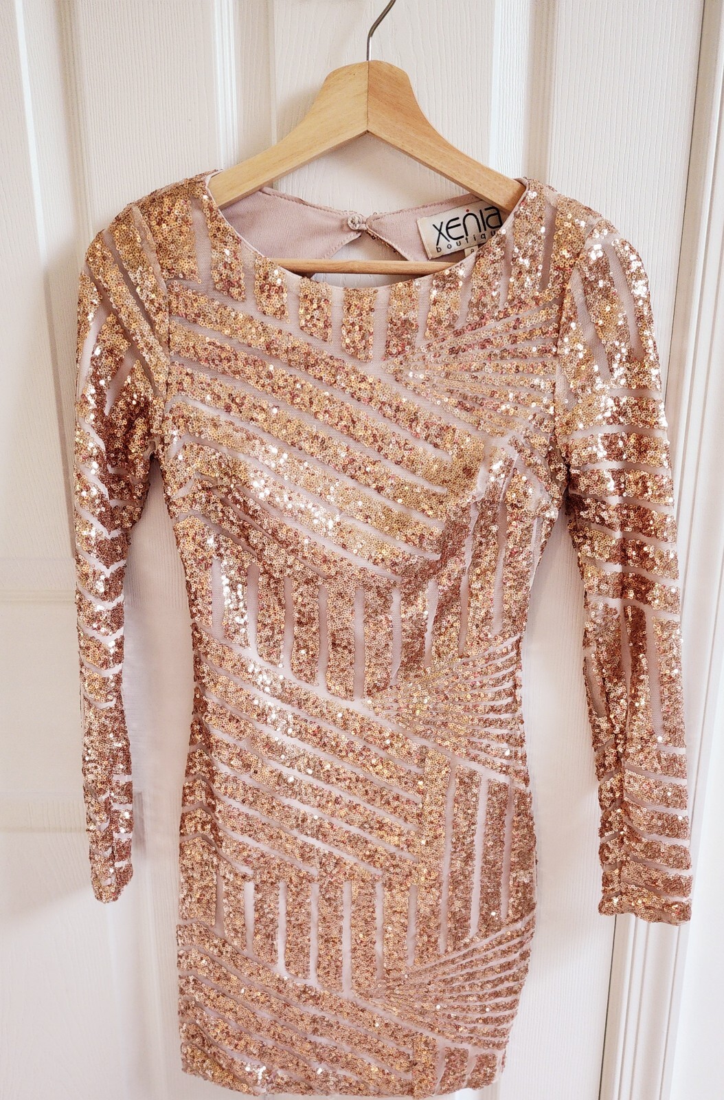 Rose Gold Sequence Mini Bodycon Dress Long Sleeve Open Back Size 8