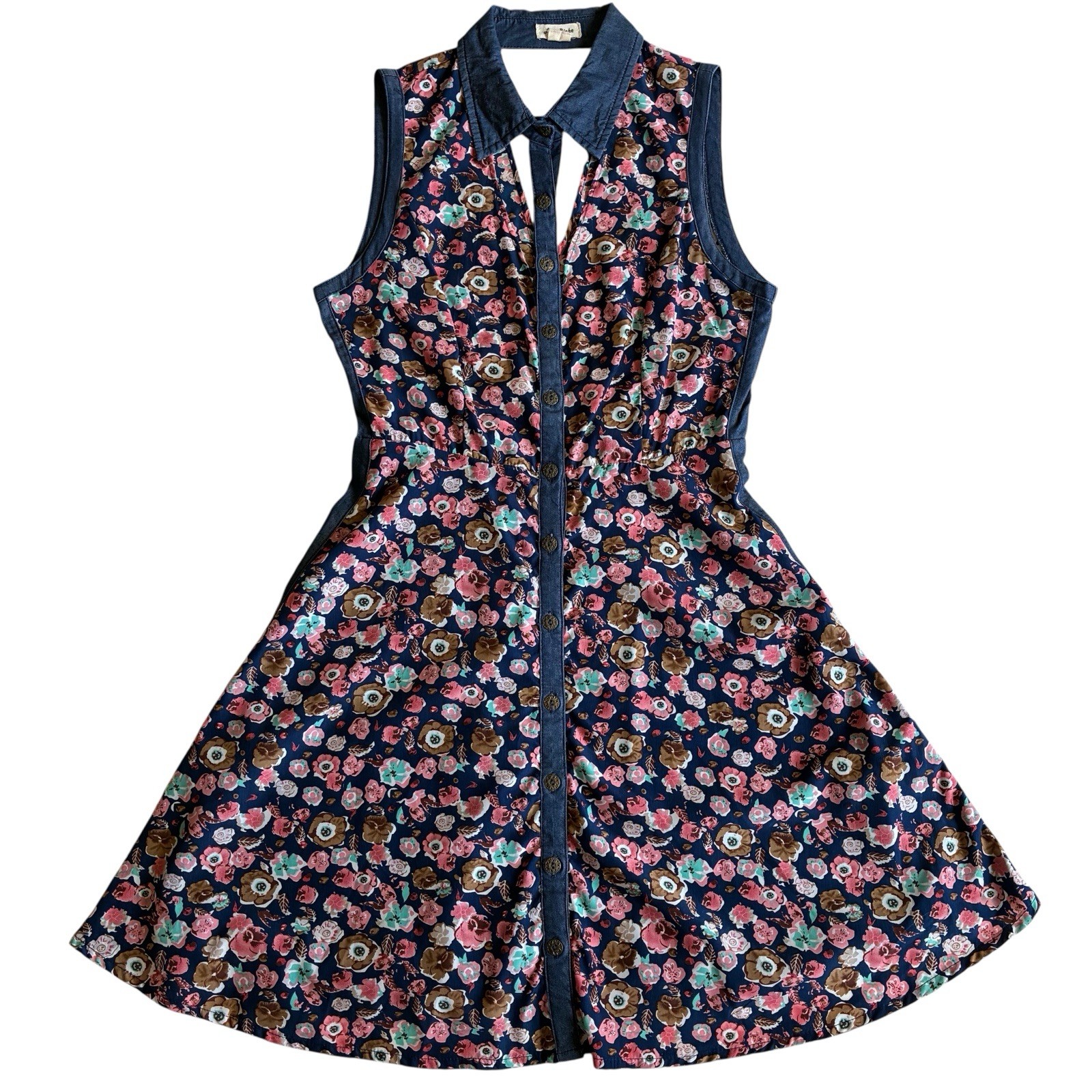LoveRiche A-Line Dress Unique Collar Floral Sleeveless Button Up Women’s Small