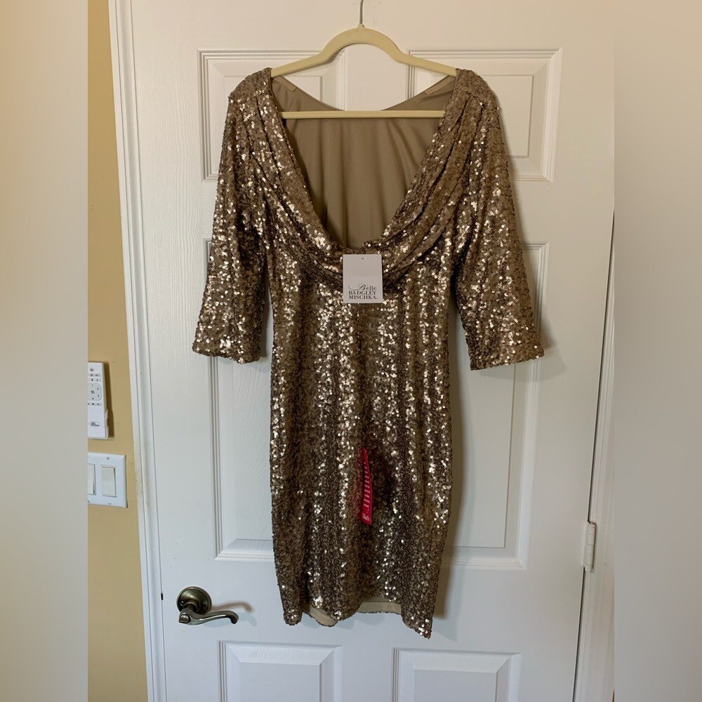 Badgley Mischka Gold Sequin Cuffed Sleeve Sheath Dress Sz L Formal Cocktail Gala