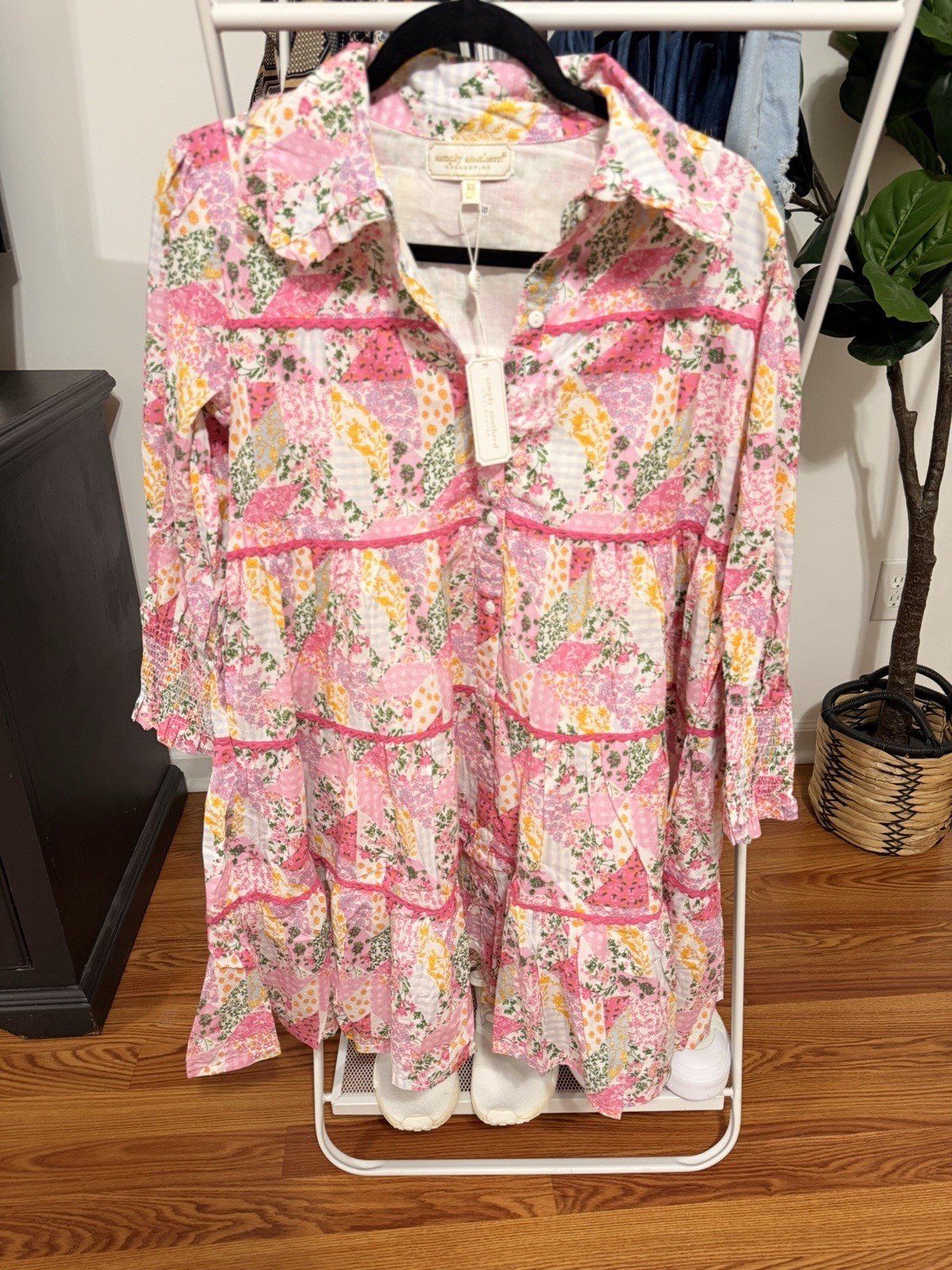 Simply Southern Women’s XS Pink Floral Collared Shirt Dress 3/4 Sleeve Buttons