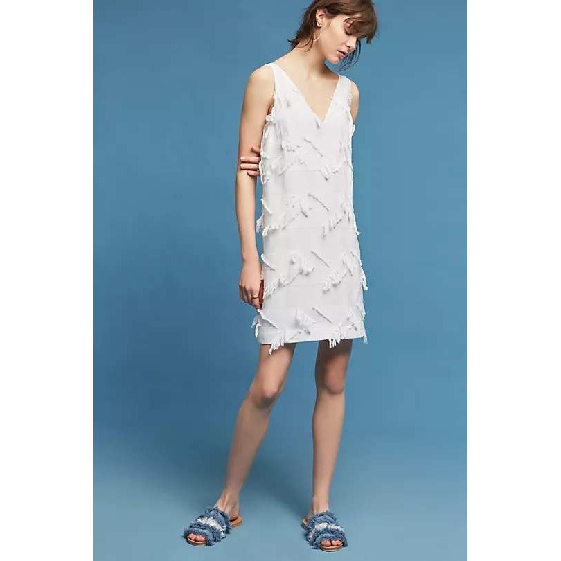 Maeve Anthropologie White Fringework V-Neck Shift Mini Dress 00P Petite Bridal