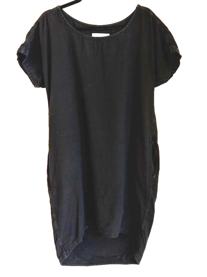 Manyana Black Cotton Cocoon Barrel Dress Lagenlook Midi High Low Pockets Large