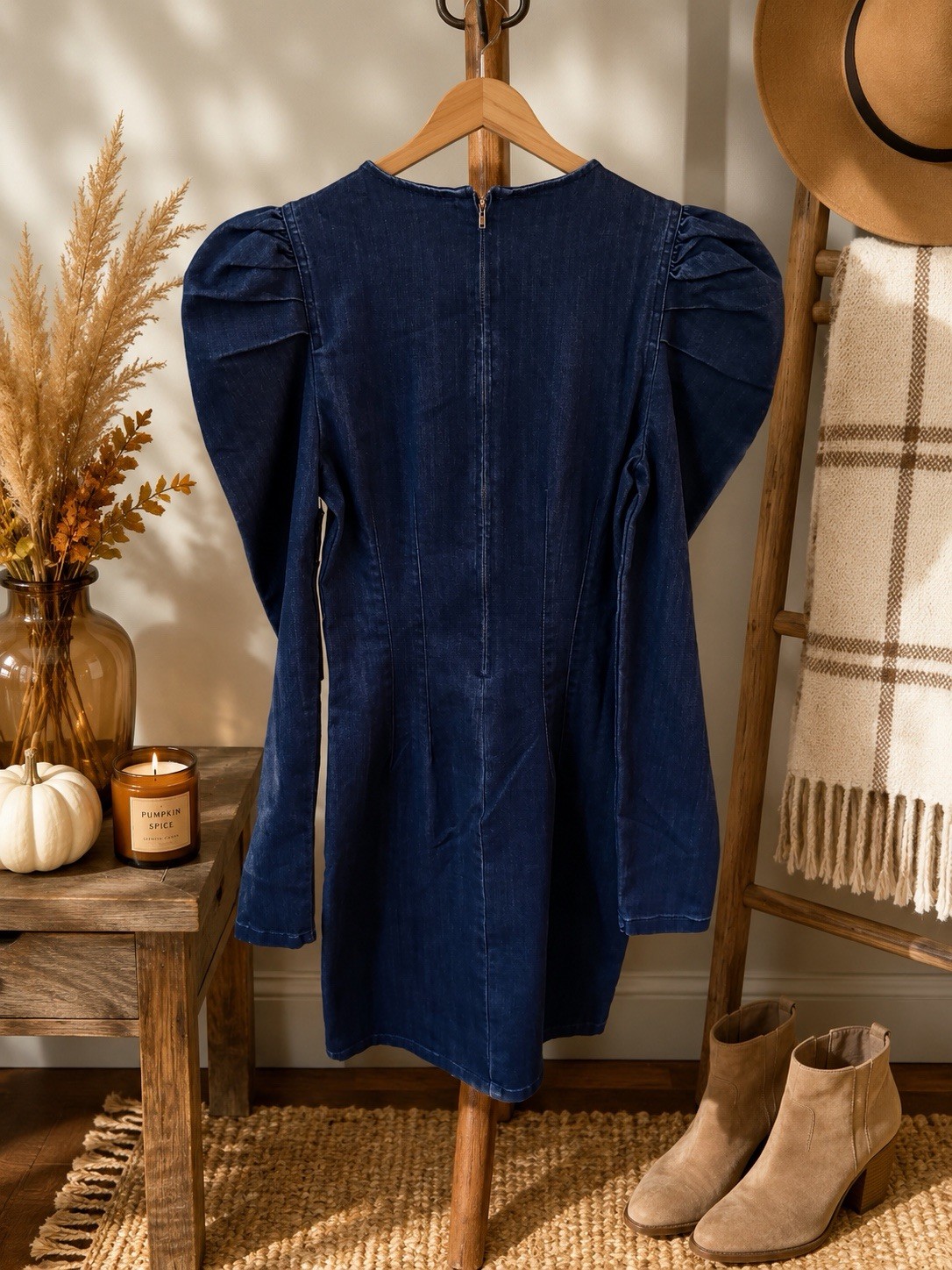IRIS Blue Denim Bodycon Mini Dress S Puff Long Sleeve Round Neck Zip