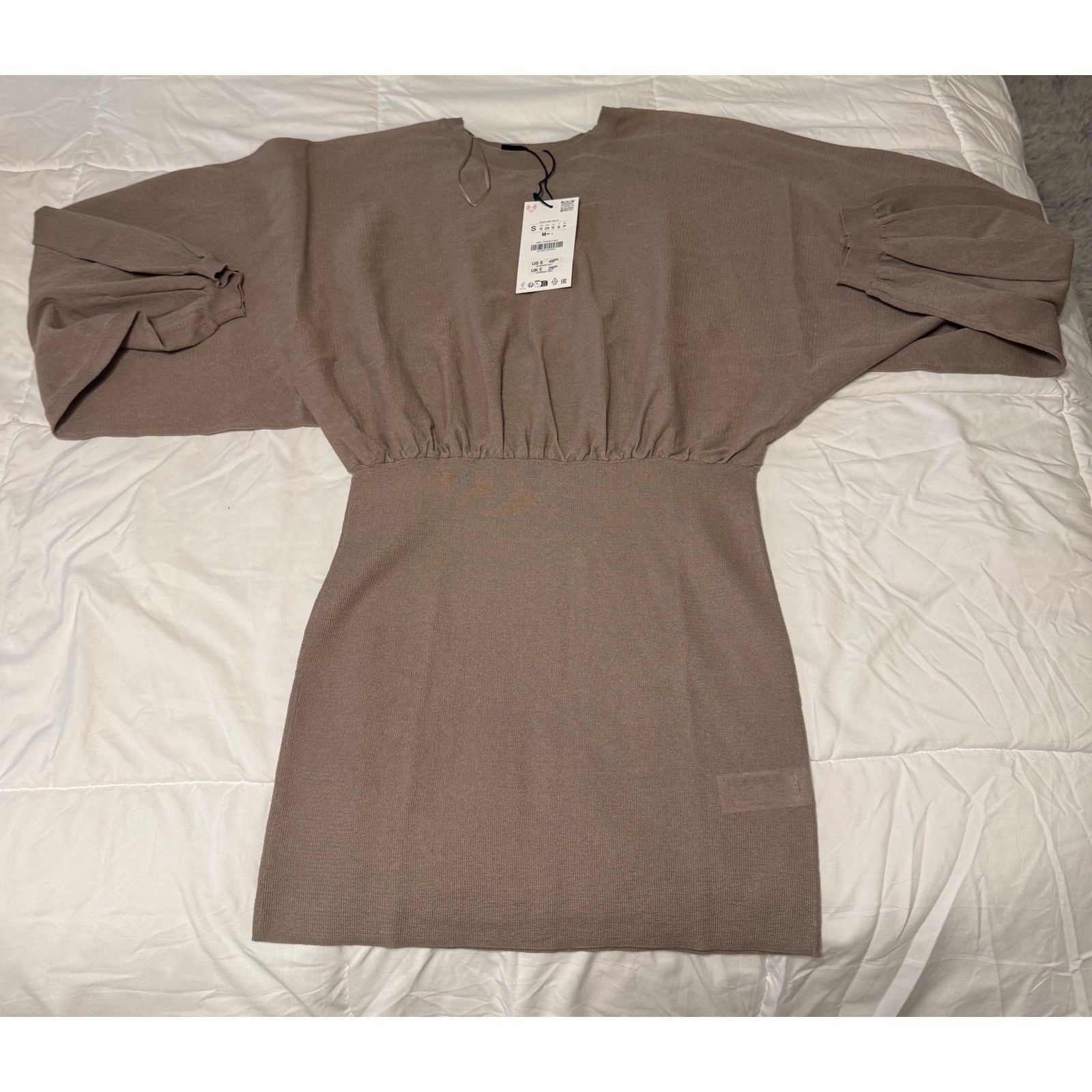 Zara Knit Batwing Sleeve Mini Dress Taupe Brown Elastic Waist NWT Art 5755/017 S
