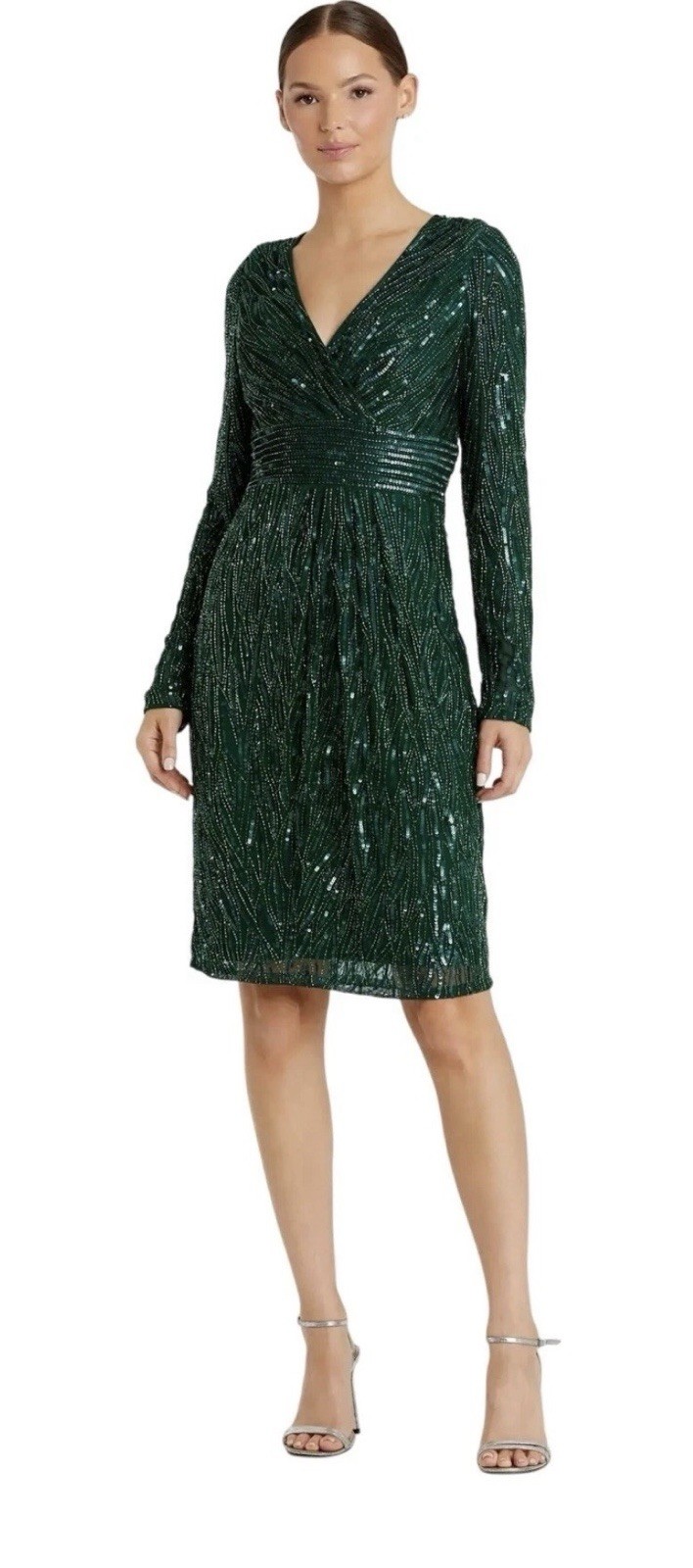 Women’s S Green Sequin Mesh Sheath Dress V-Neck Long Sleeve Zip Knee Party