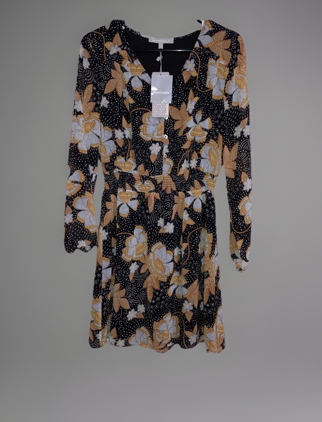 Daniel Rainn Black Floral Leaf Parnika Peasant Dress Boho Festival S NWT