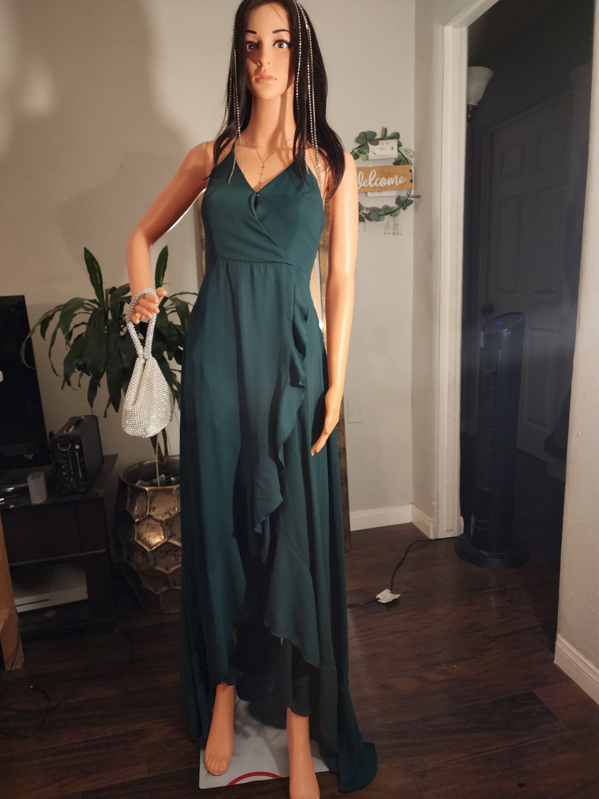 Shien Women’s S Green Solid V-Neck Spaghetti Strap Open Back Ruffle Maxi Dress