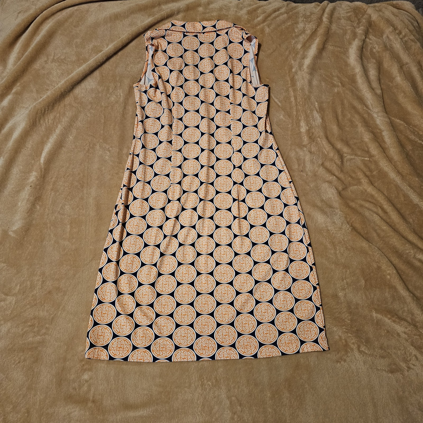 Katherine Way Collared and Sleeveless Orange Cirle Pattern Dress Size Small