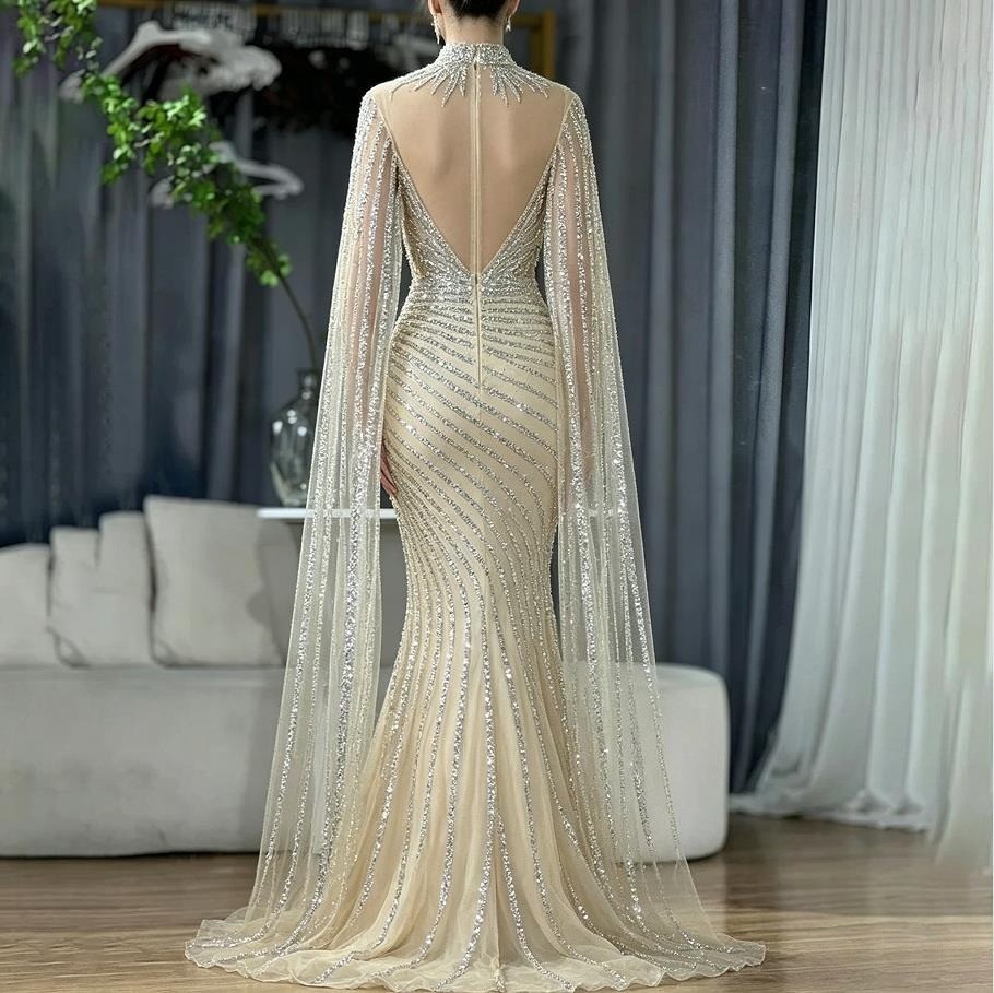 Mermaid Angular Sleeve Lace Bead Evening Dress Sweeping Train Prom Ball Gown