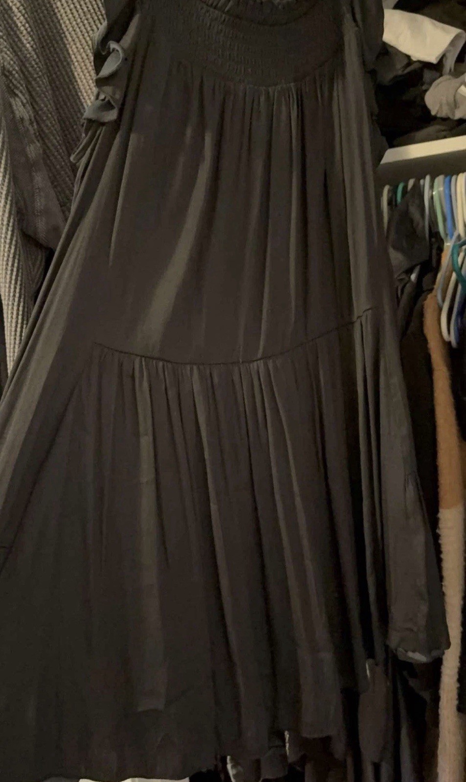 FreePeople EMERALD( DARK )/Black Waist Ruffle Long Maxi Dress,XL ties in back