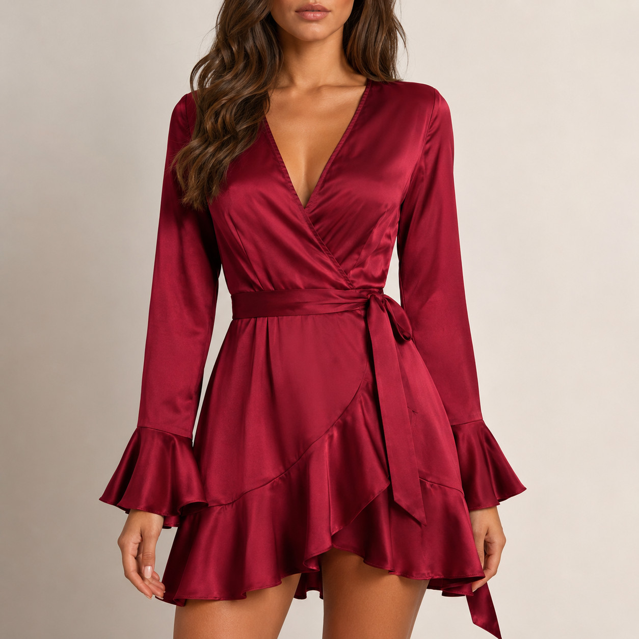 SHEIN Burgundy Wrap Style Mini Dress M Bell Sleeve Ruffle Hem Tie Waist