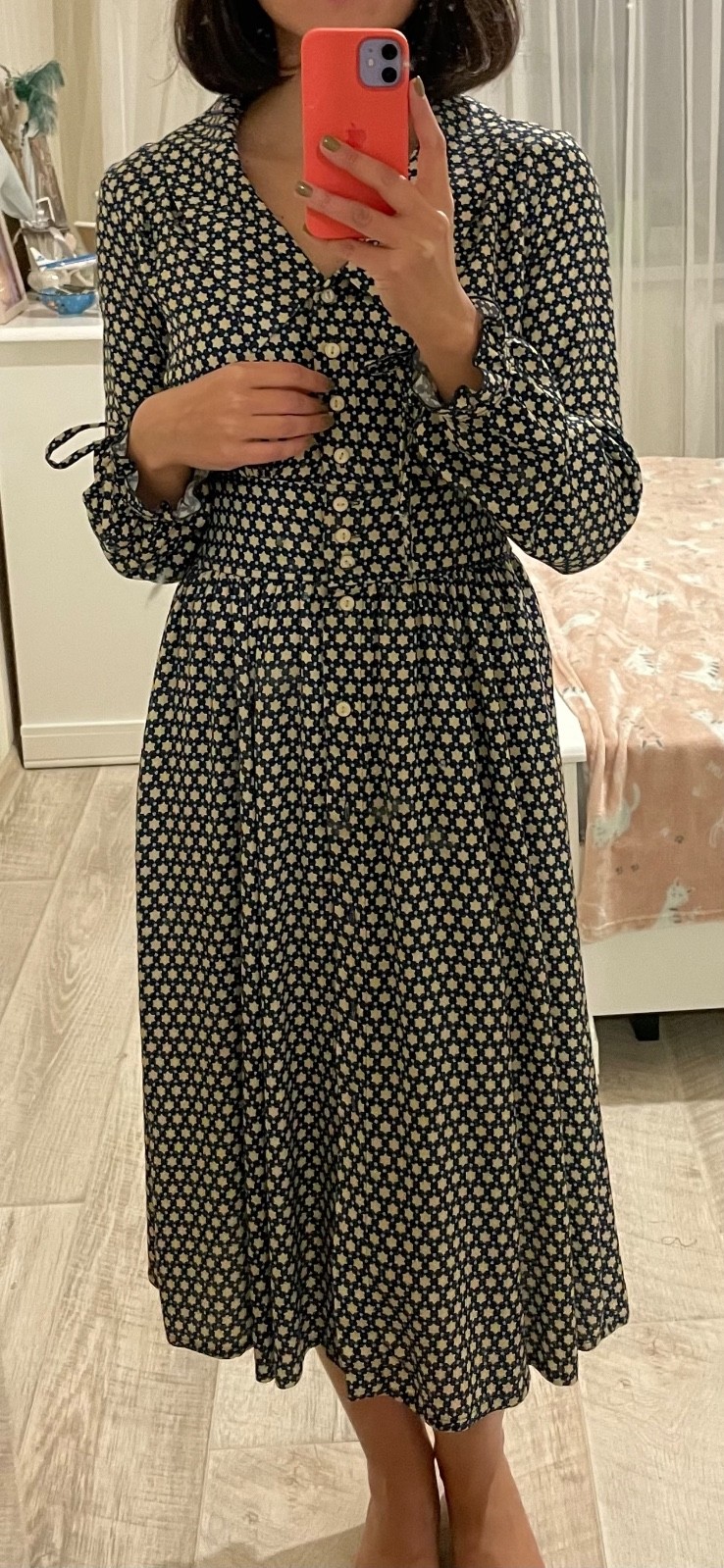 Navy Blue and Cream Patterned Dress – Size S