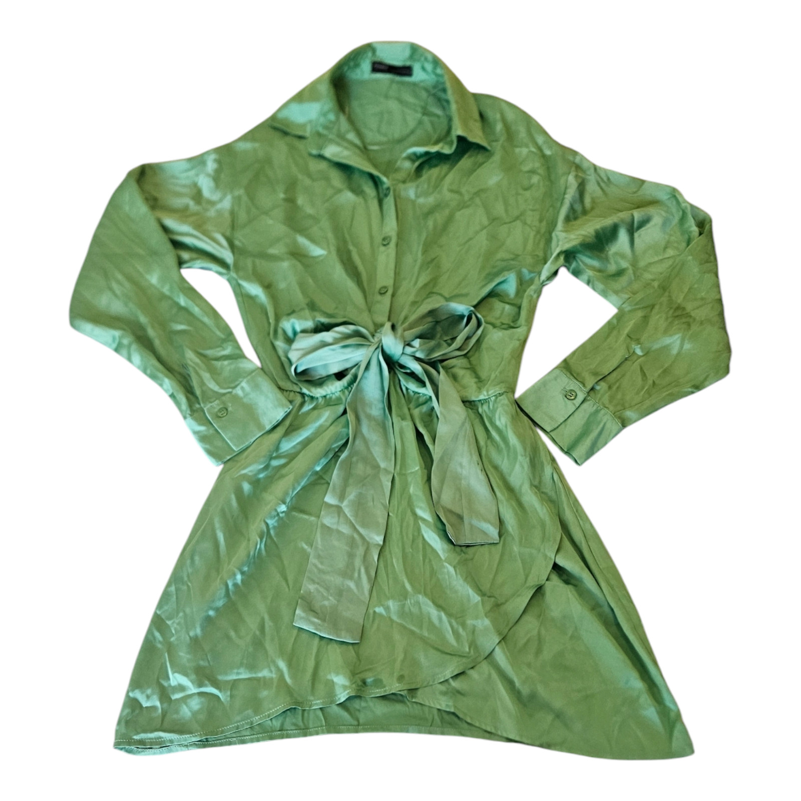 Pull & Bear Small Green Long Sleeve Partial Button Up Mini Dress