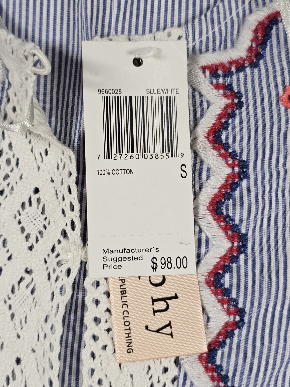 Philosophy Womens S Embroidered Boho Peasant Dress Blue White Stripe Bell NWT