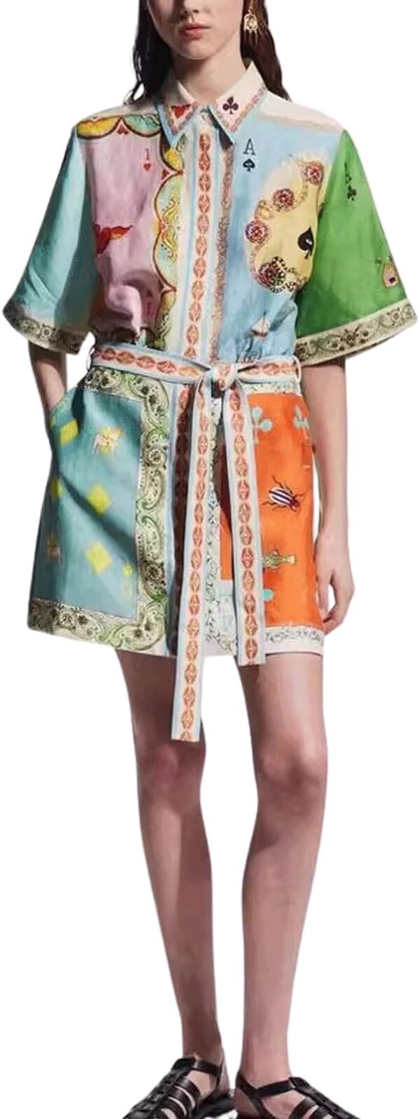 Women’s Button Shirt Dress Floral Short Sleeve Lapel Collar Tie Knot Linen-Like