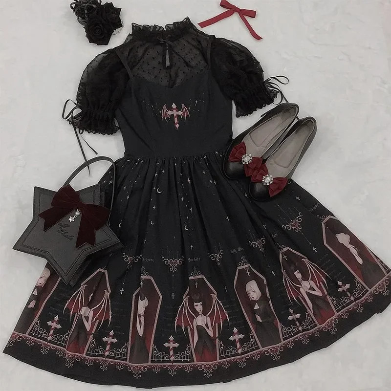Dark Gothic Devil Print Dress Black White Japanese Style Lolita Jsk Victorian