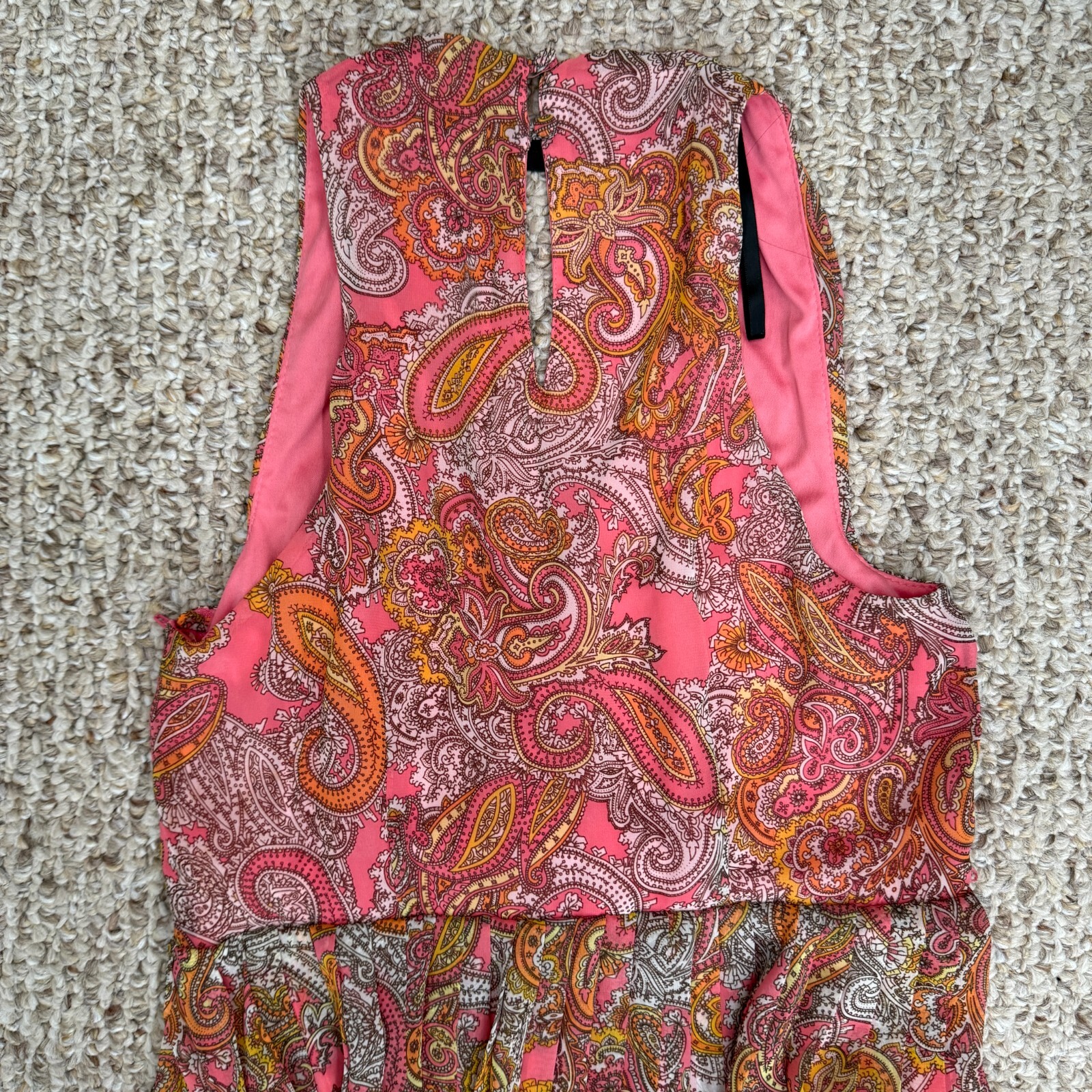 H&M Dress Pleated Deep V Neck Sleeveless Paisley Sz 2 Lined Button Zipper