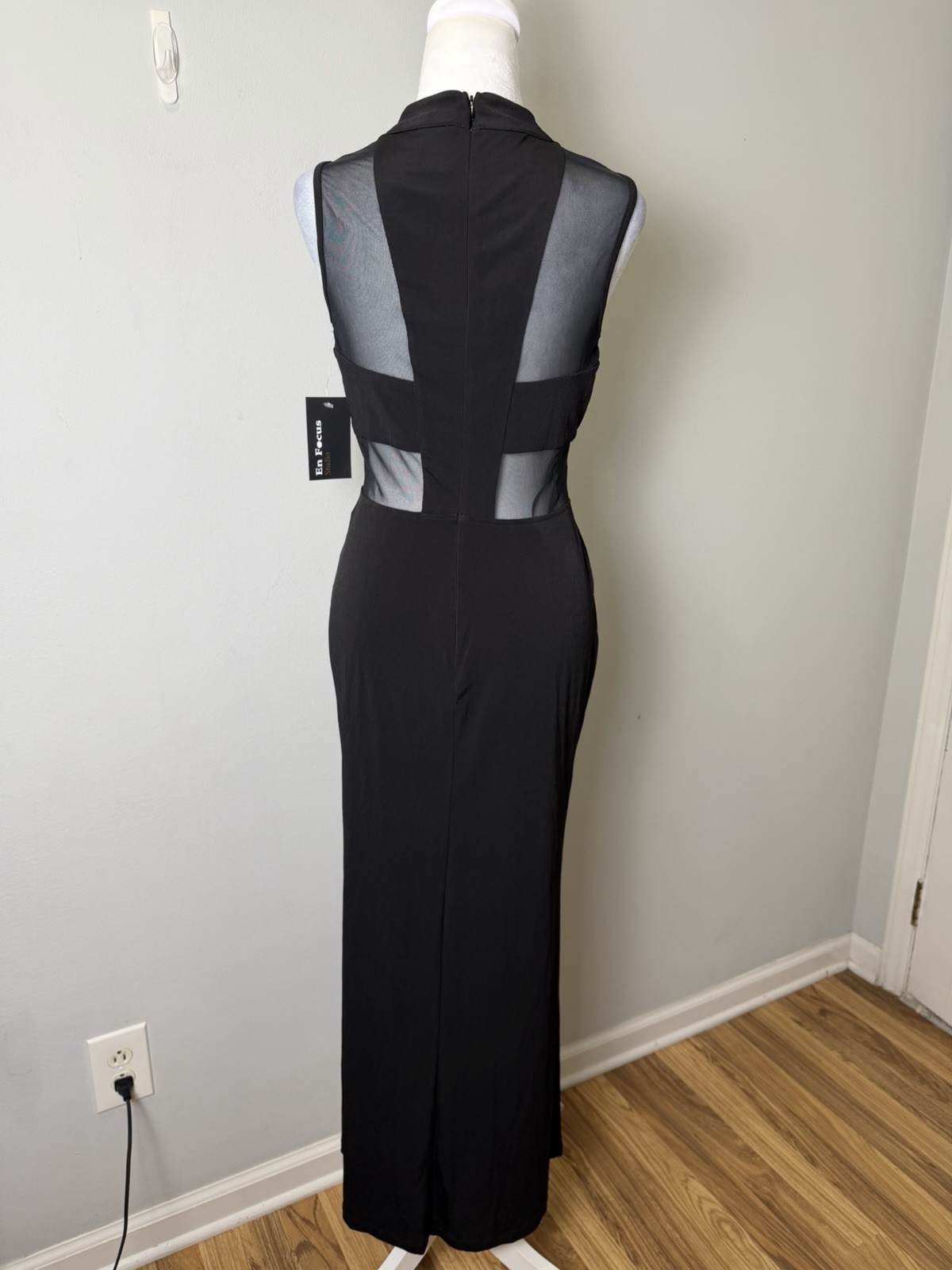 Enfocus Studio Elegant Mesh Panel Mock Neck Sleeveless Maxi Dress Black Sz 4 NWT