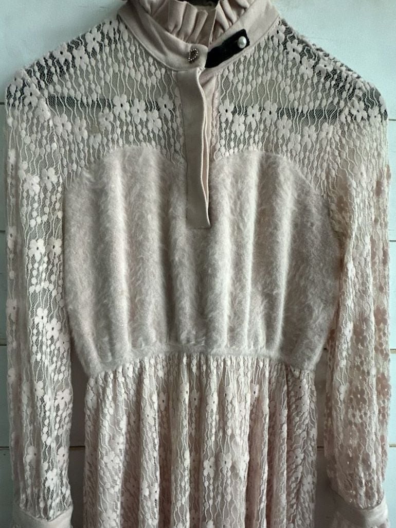 Camilla Dora Victorian Style Pink Lace Midi Dress with Ruffle High Neck