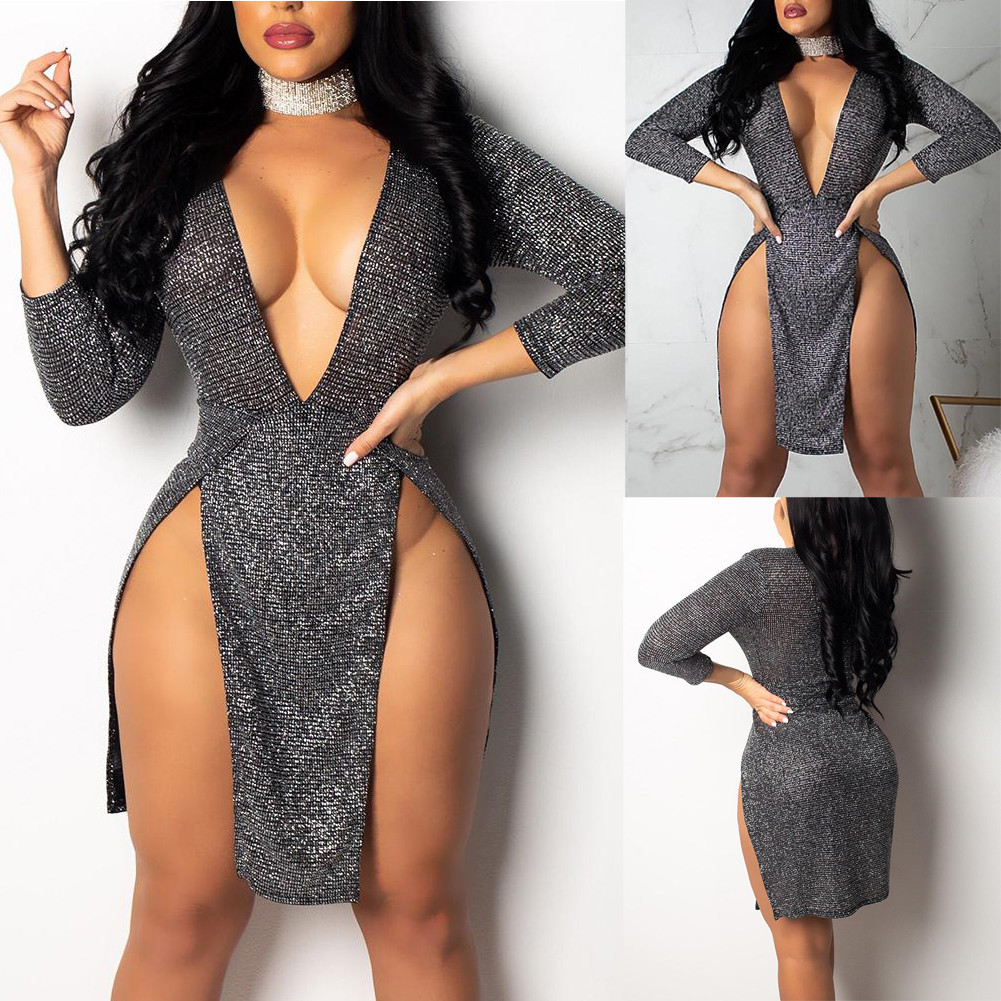 Sexy Women Sequin Deep V Bandage Bodycon Evening Party Cocktail Club Mini Dress