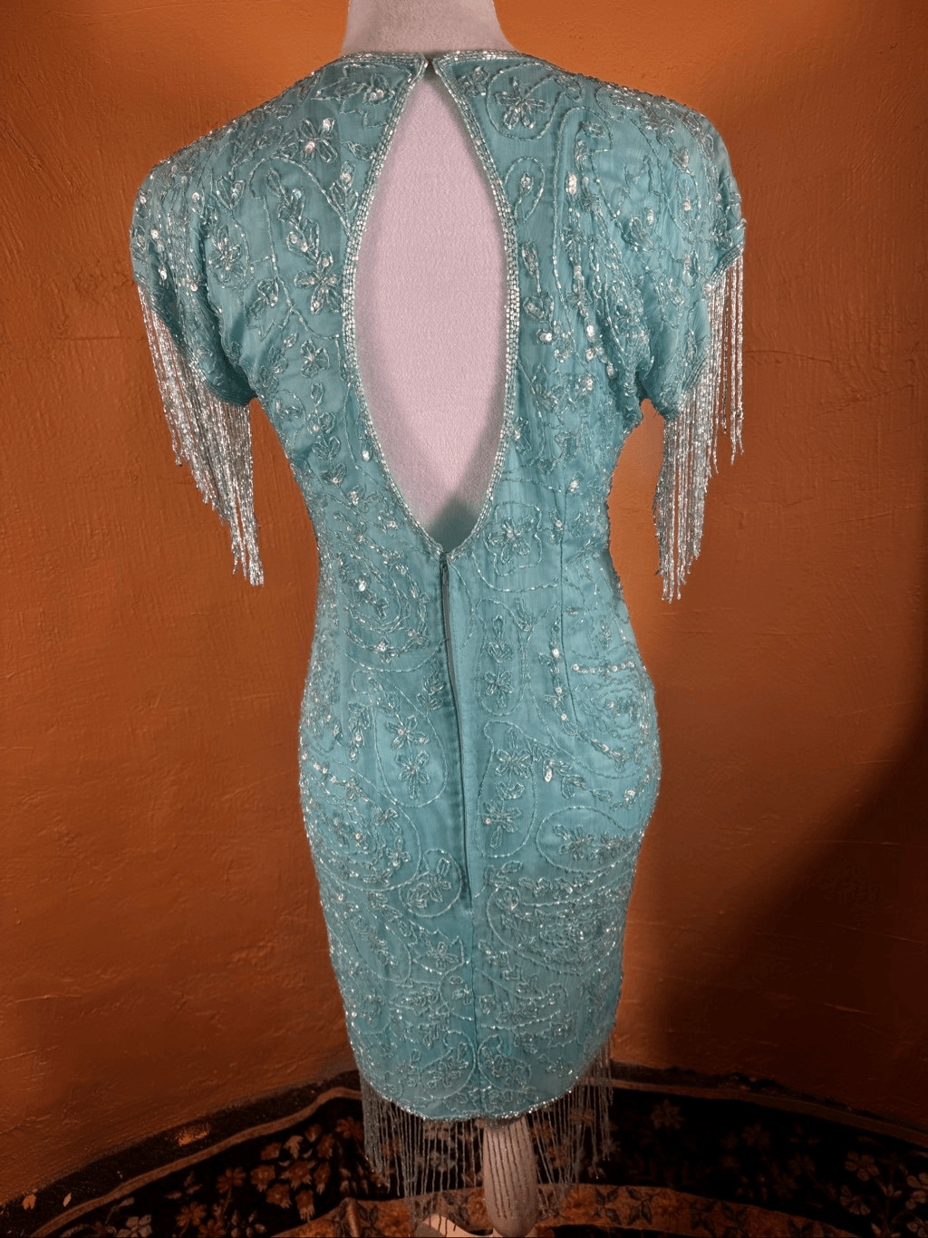 Vintage 1980s Aqua Blue Silk Beaded & Sequin Cocktail Dress Bead Fringe Sleeves