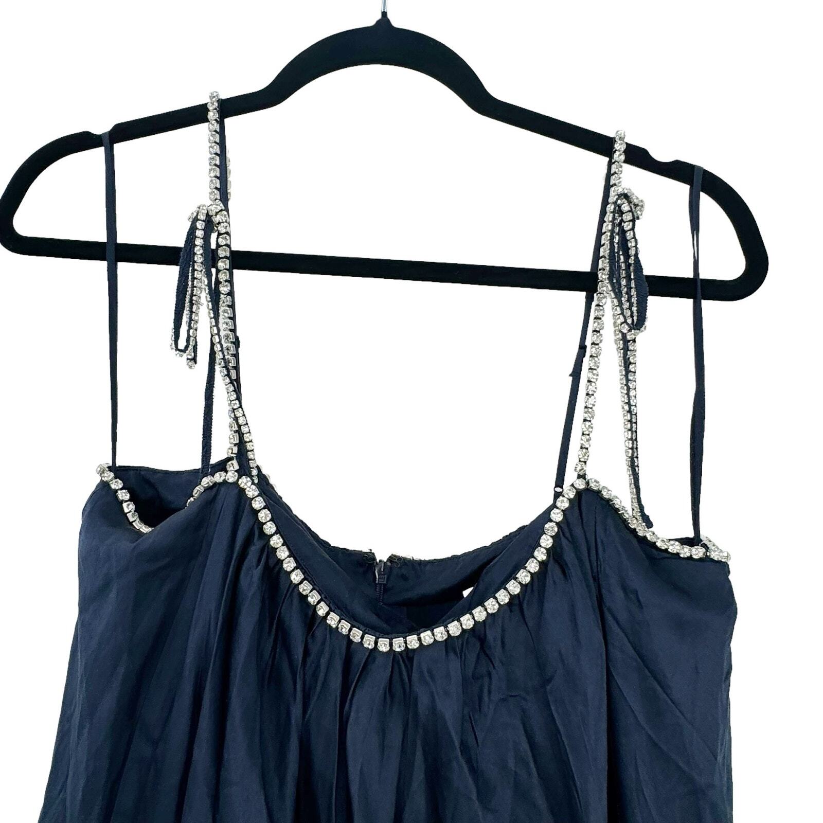 CINQ A SEPT Rhinestones Pleated Hook And Eye Silk Muni Dress Navy Size 8 NWOT