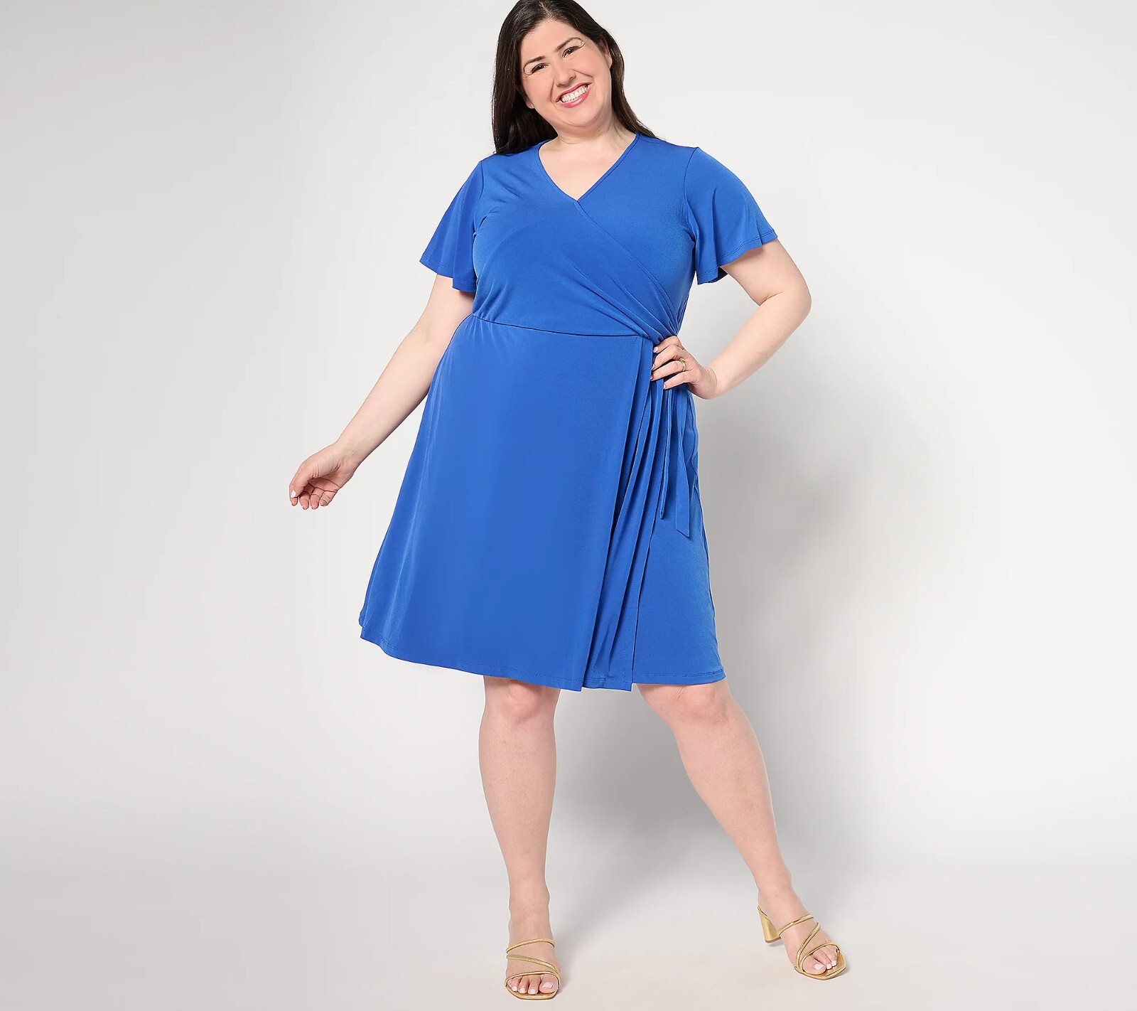 Susan Graver Petite Liquid Knit Faux Wrap Dress – Blue Sz PL a646285