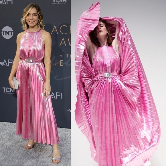 Christoper Kane Crystal Buckle Pleated Metallic Midi Dress Size 6 NWT Pink