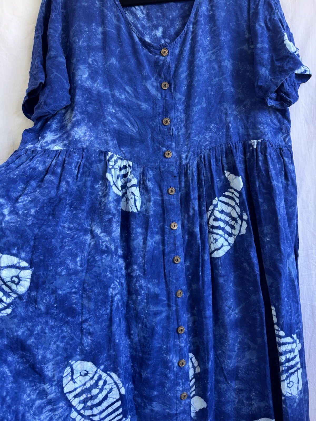 Coastal Ocean Theme Vacation Blue/White Tie Dye Fish Button Front Maxi Dress