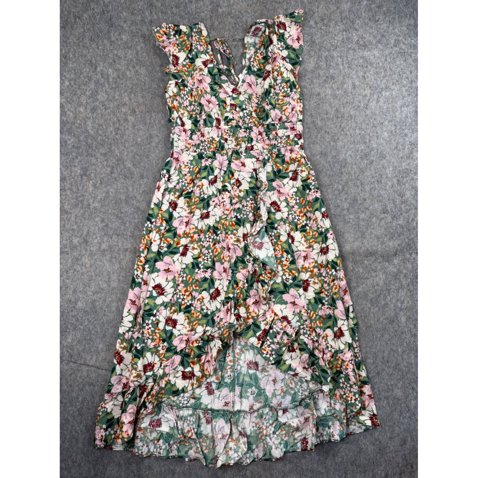 June & Hudson Floral High Low Midi Dress Pink Green Smocked Waist Medium