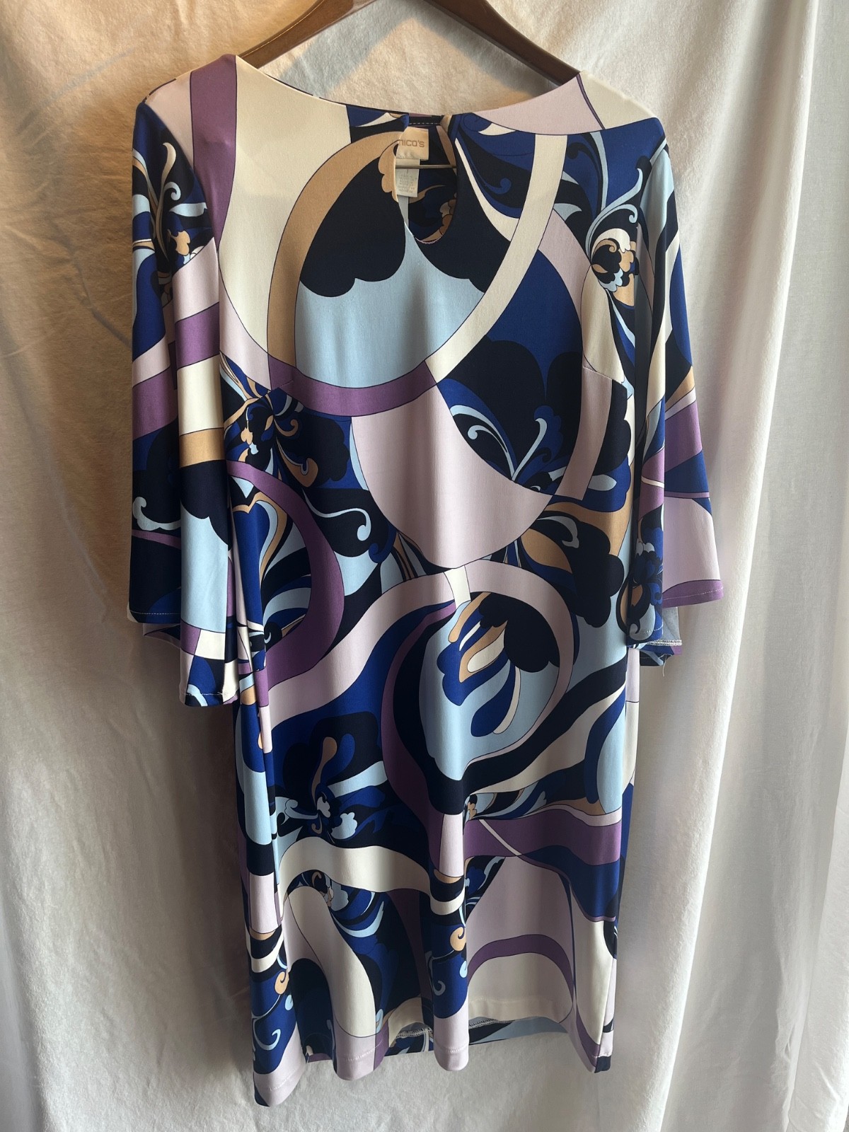 Chicos Size 1 Blue Brown White Black Abstract Liquid Knit Pullover 3/4 Sleeve
