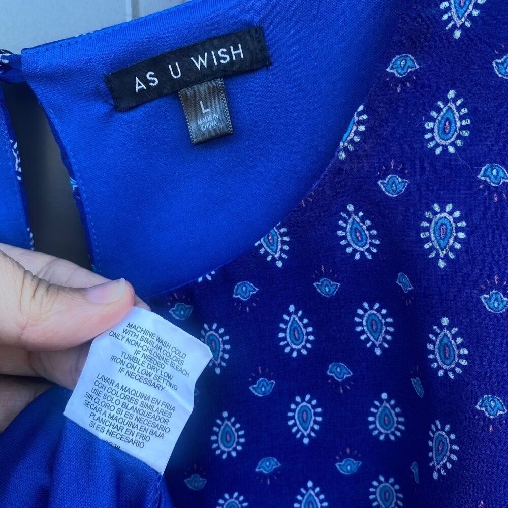 As U Wish Womens Blue Printed Shift Dress Size L Floral Hemline Long Sleeve
