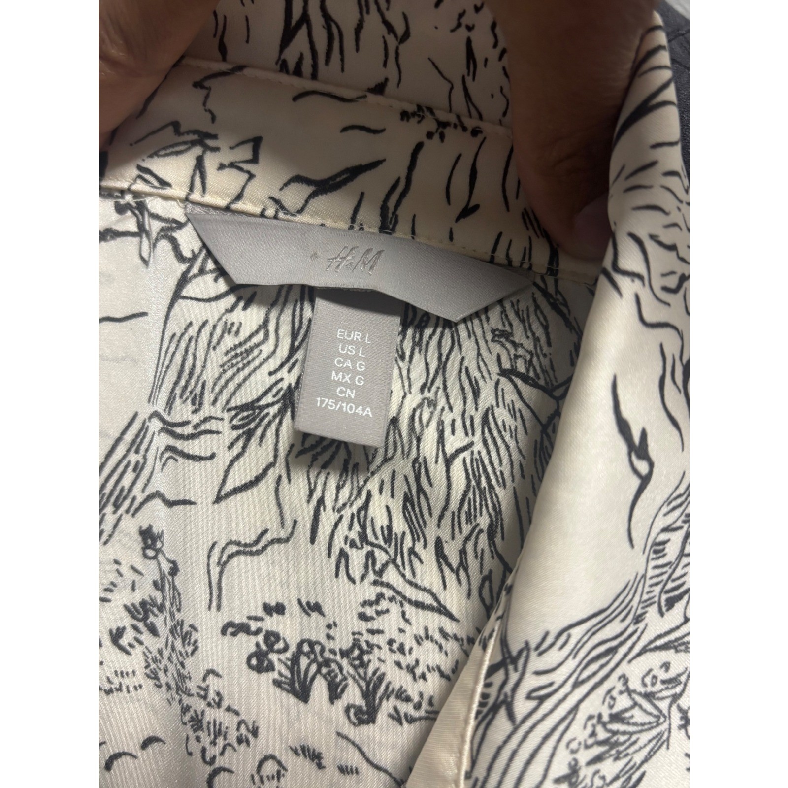 HM Womens Large Cream Black Scenic Toile Print Satin Shirt Dress Long Sleeve L