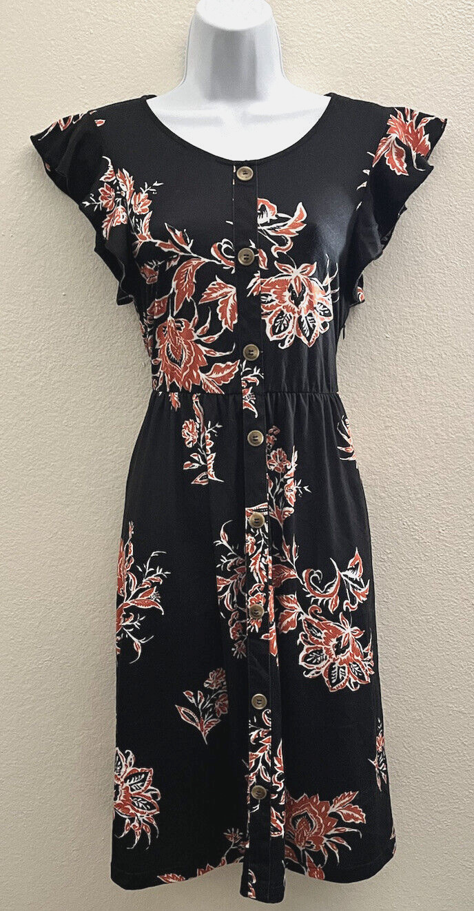 Lamilus Black/Orange Flowery Ruffle Sleeve Dress Cinch Waist Side Zip Size Small