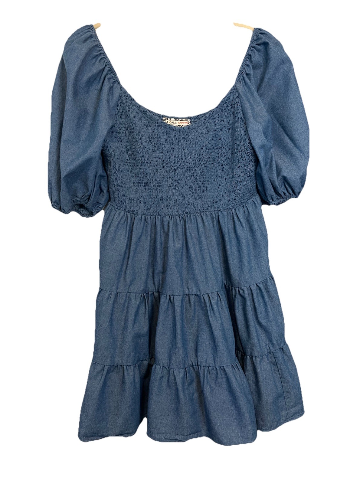 A. Calin by flying tomato Dress LARGE Short Balloon Sleeve Smocking Tiered Blue