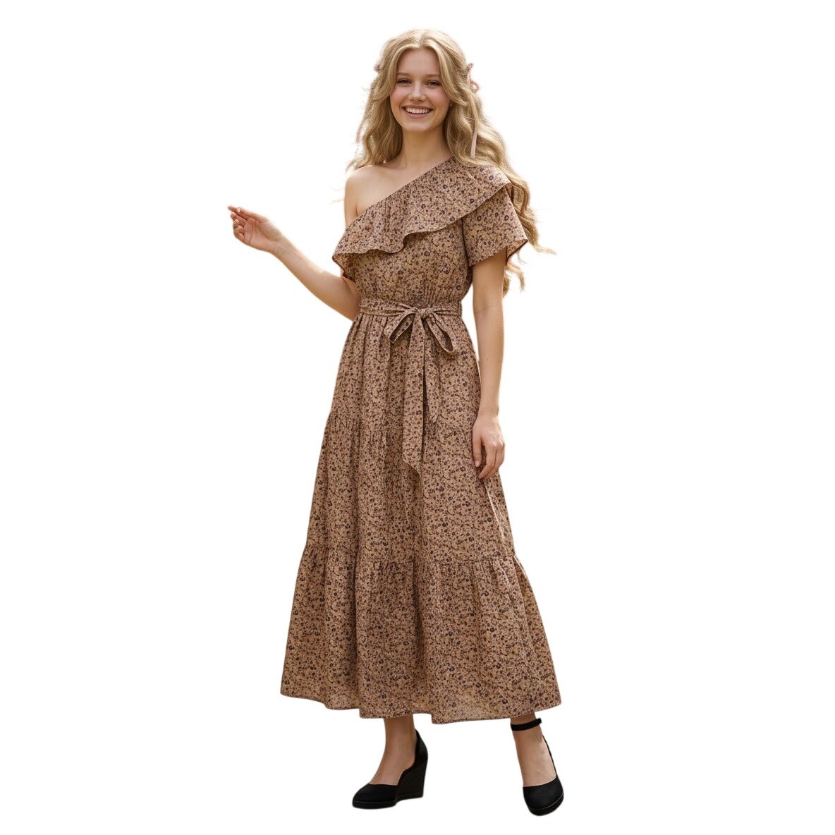 NWT Andrée by Unit Coquette Floral One Shoulder Maxi Dress Tiered Ruffle S/M