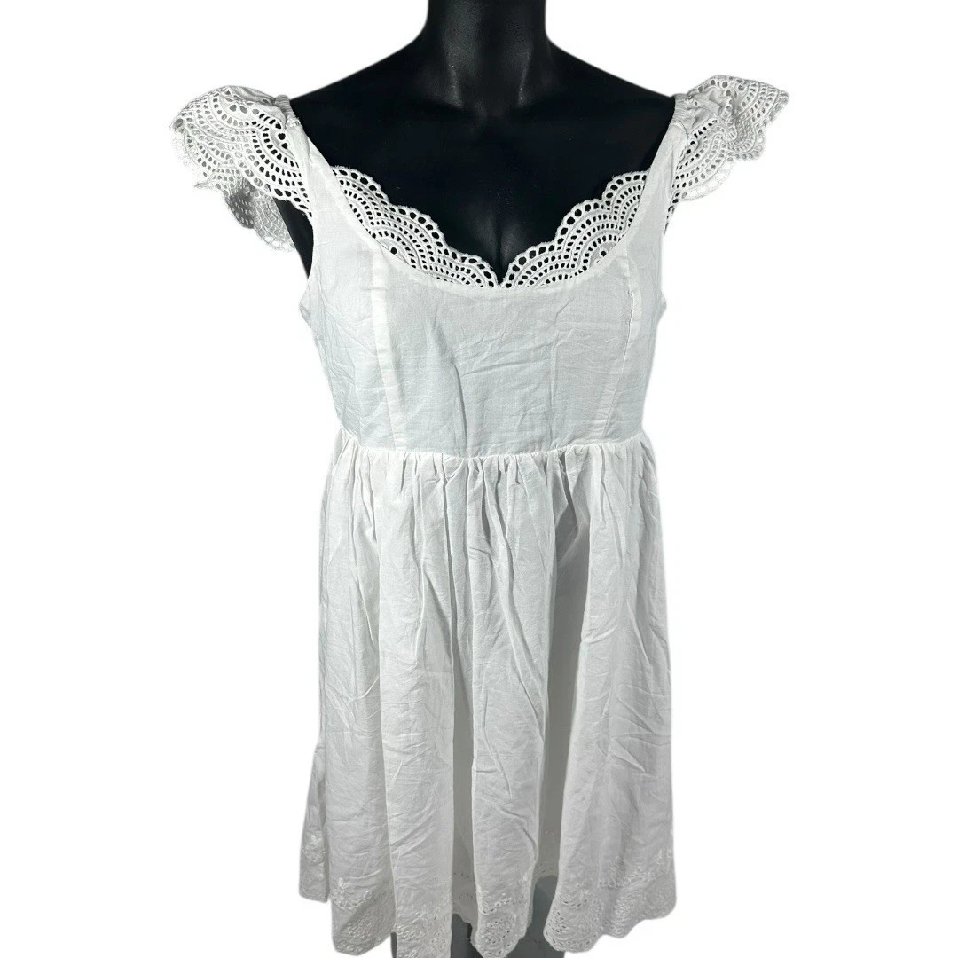 Lulus White Mini Sundress Small NWT Eyelet Hem Lace Flutter Sleeves Lined Cotton