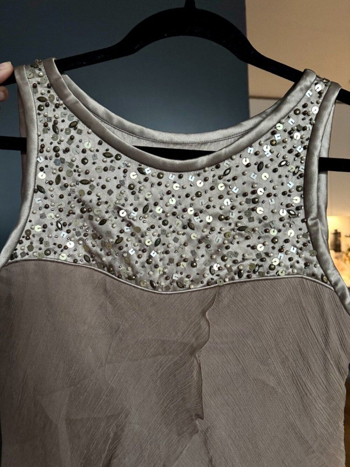 Carlos Miele 100% Silk Beaded Sequin Tiered Chiffon Cocktail Dress Taupe Size 40