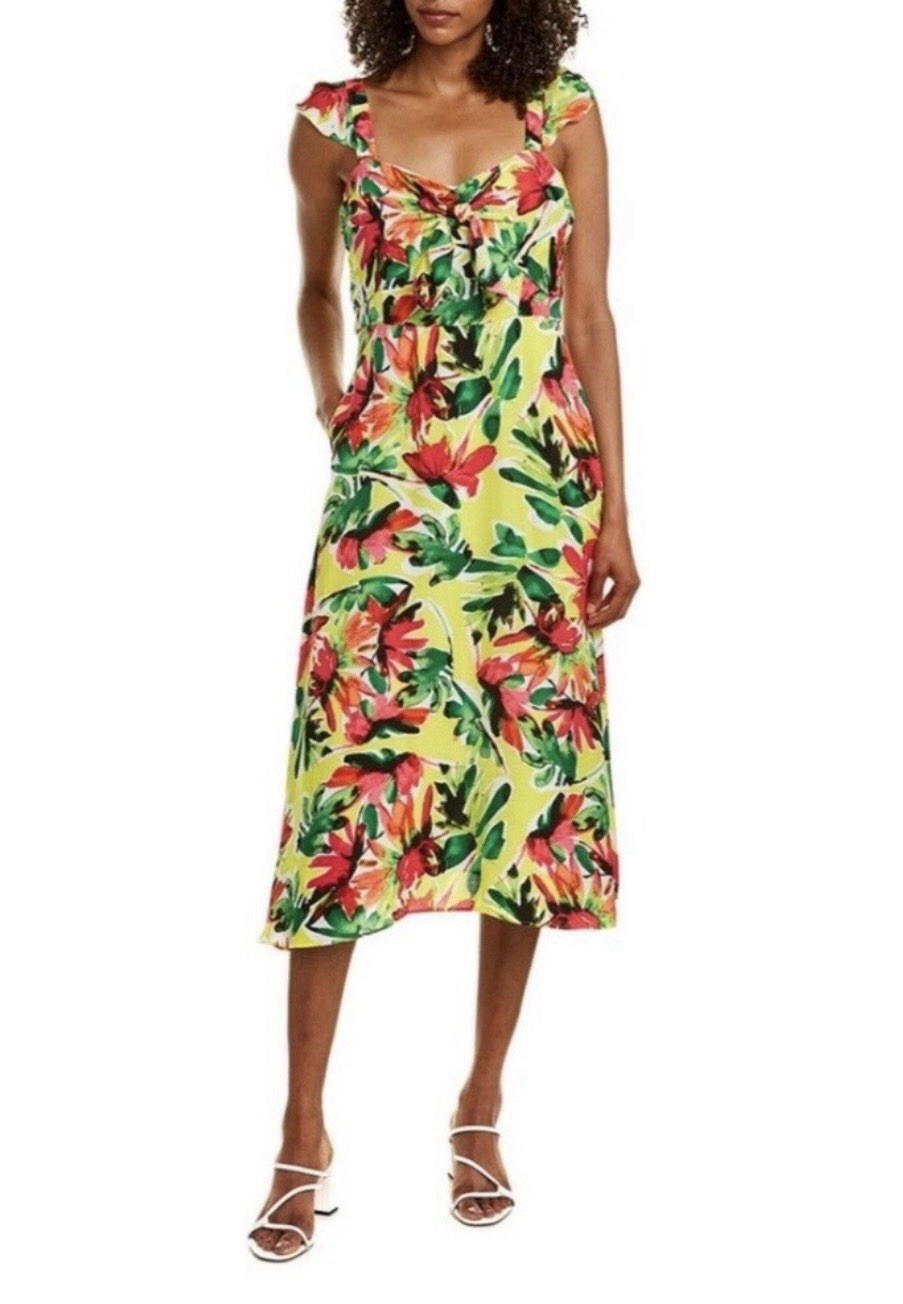 Julia Jordan Midi Dress 4 Ruffle Bright Floral Yellow Green Pink