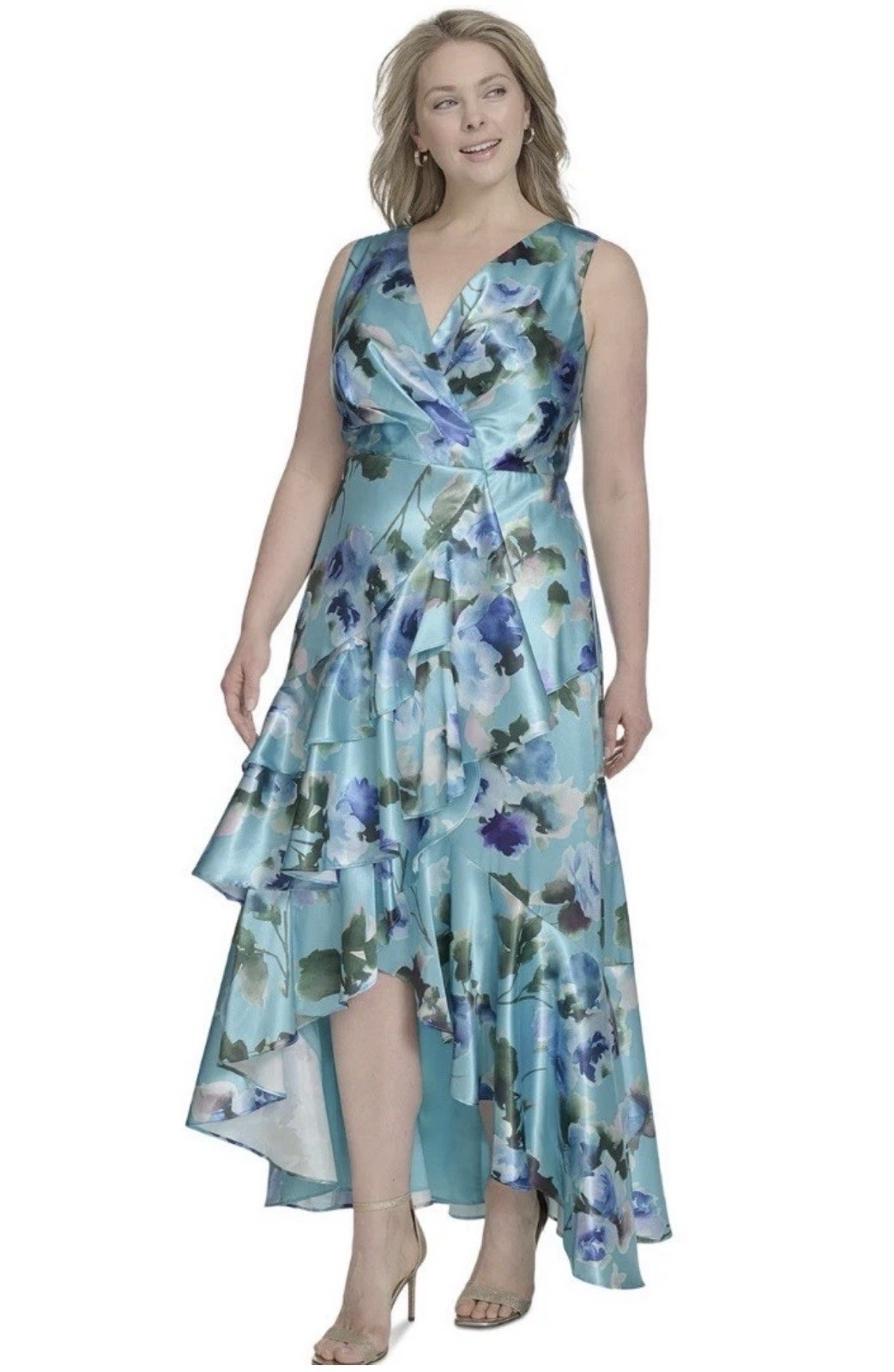 NWT Eliza J Plus aqua floral satin high low ruffle hem surplice bodice dress
