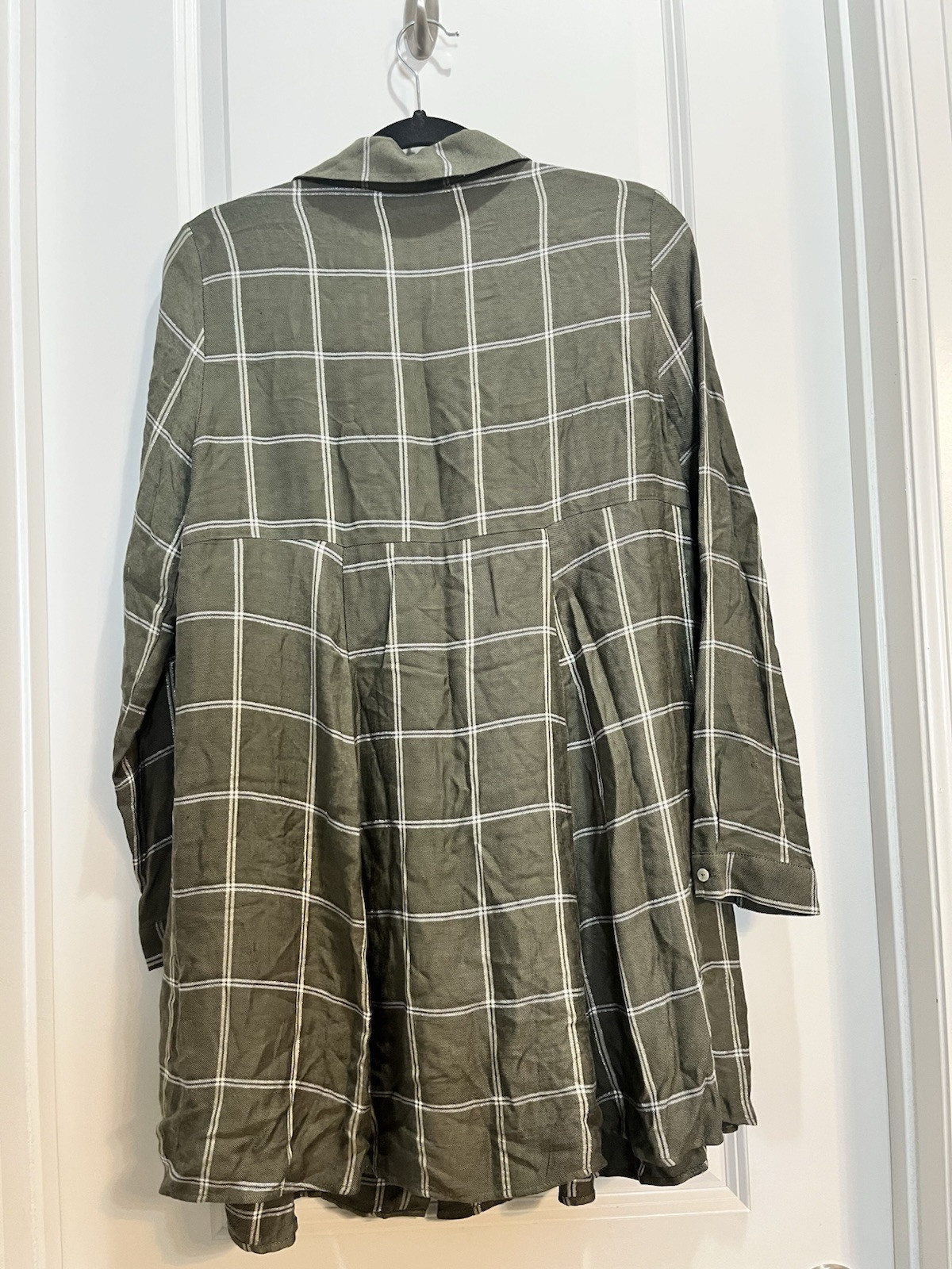 Zara Green Plaid Silver Sparkle Tunic Button Down Shirt Dress 3/4 Sleeves Med