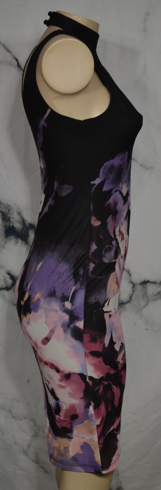 VENUS Black Multicolor Floral Sleeveless Dress XS High Neckline Sheer V Open Bck